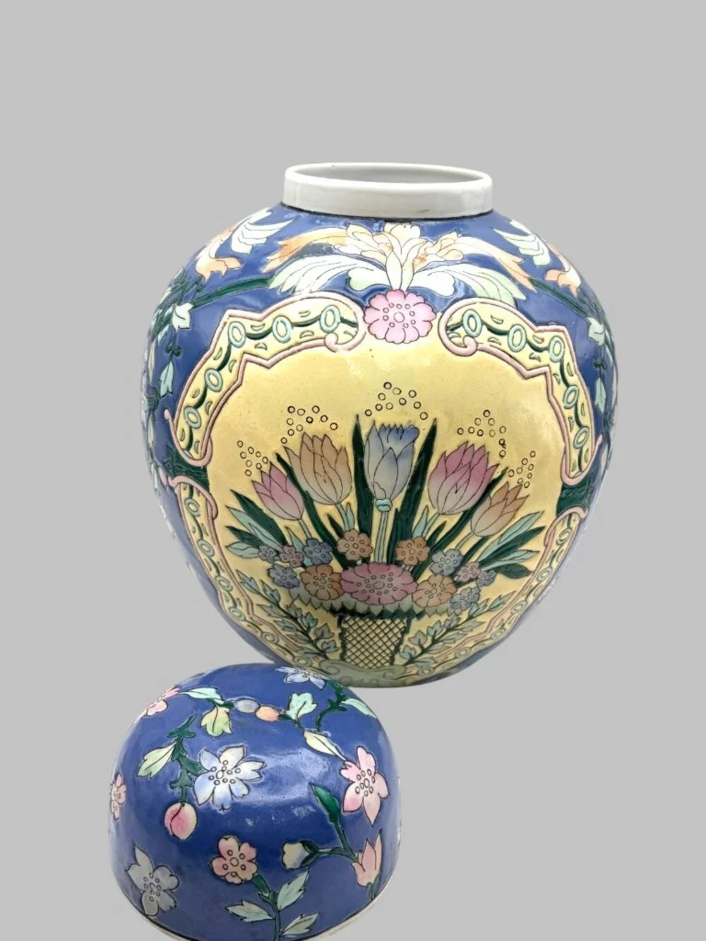 VTG Blue Floral Ginger Jar Urn w/Lid Hand Painted Macau Vase 10